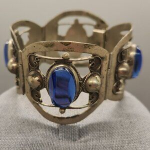 STERLING SILVER VINTAGE TAXCO SIGNED BLUE GLASS BRACELET 7"